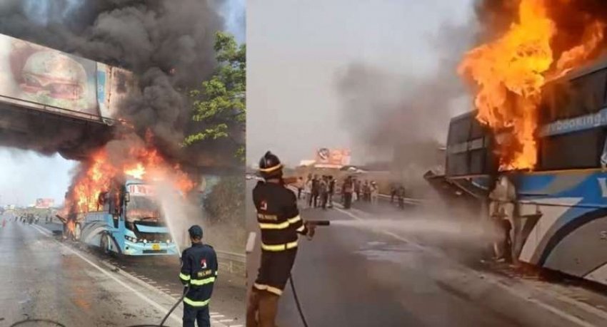 बाल-बाल बची 36 यात्रियों की जान, चलती बस में लगी भीषण आग