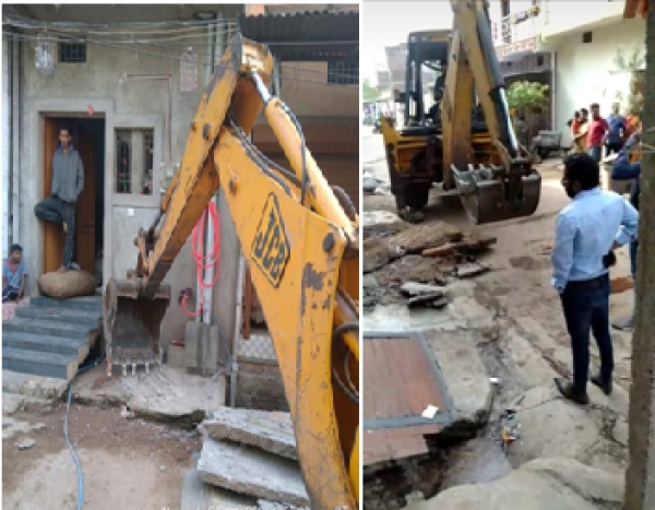 नालियों से अतिक्रमण हटाकर की गई सफाई, नाली सफाई में अवैध निर्माण बन रही थी बाधक,