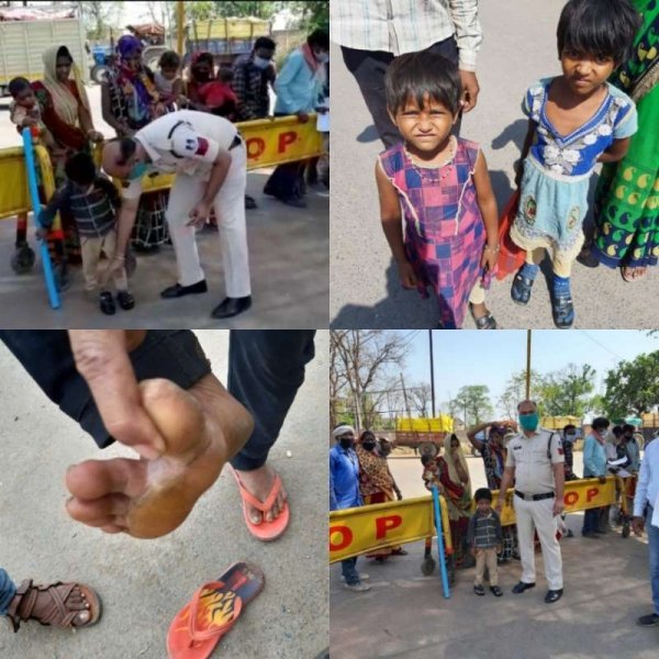 मजदूरों के बच्चों के पांव में छाले देख ,जूते चप्पले खरीद कर बच्चों को पहना रहे है आनंद कुमार